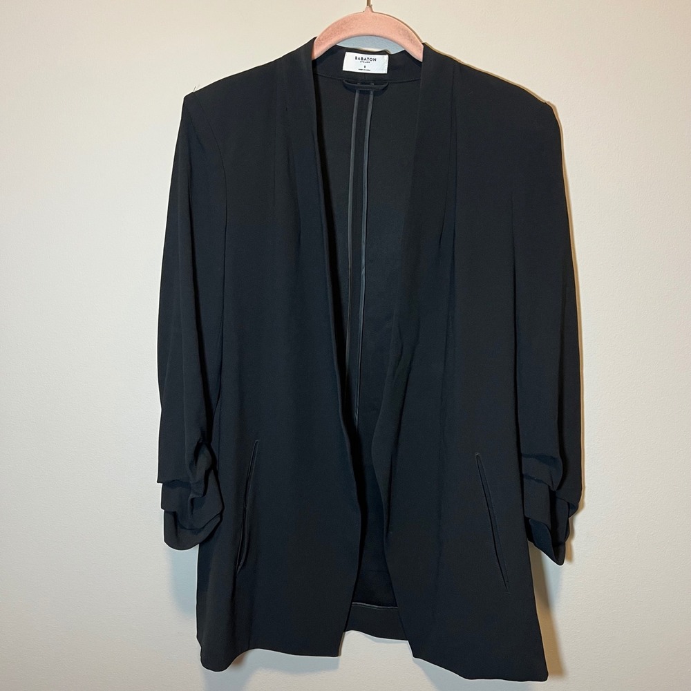 Babaton Atelier Blazer Black Open Front Ruched Sleeve Jacket Size 6